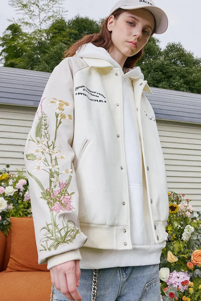 Beige Floral Embroidered Sleeves Varsity Jacket Harsh & Cruel