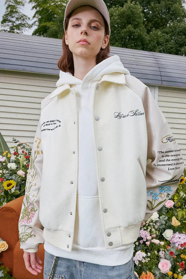 Beige Floral Embroidered Sleeves Varsity Jacket Harsh & Cruel