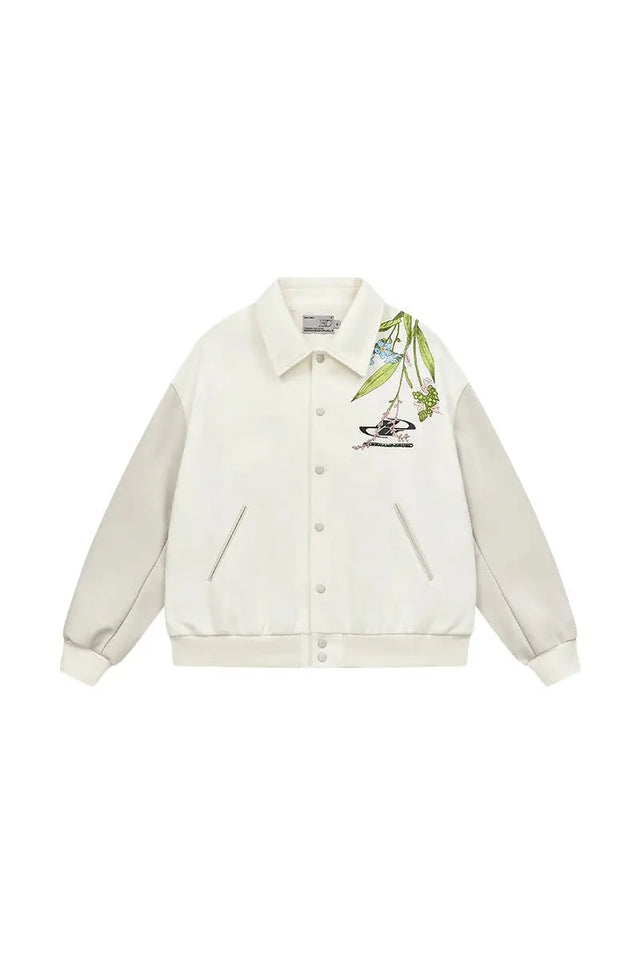 Beige Floral Embroidery Varsity Jacket Harsh & Cruel