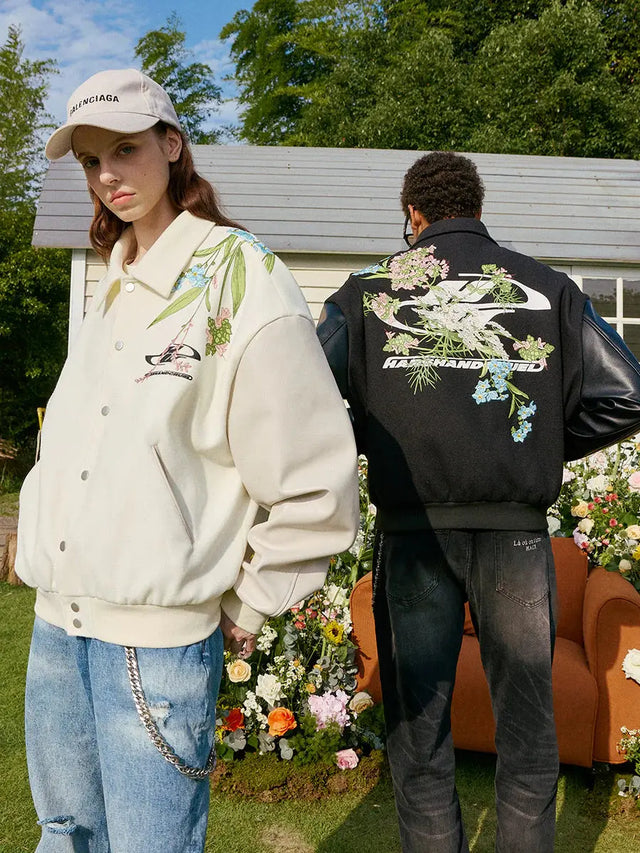 Beige Floral Embroidery Varsity Jacket Harsh & Cruel