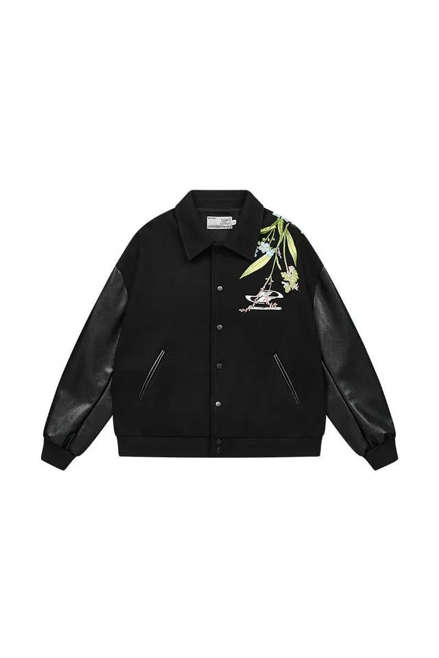 Black Floral Embroidery Varsity Jacket Harsh & Cruel