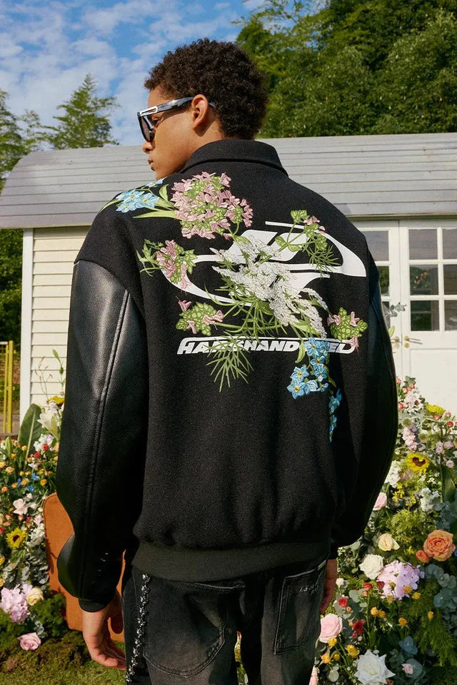 Black Floral Embroidery Varsity Jacket Harsh & Cruel