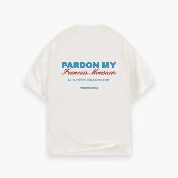 Cream T-shirt With Pardon My French in Blue Shashka