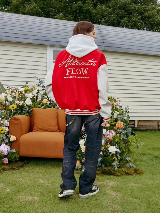 H&C Red Pearl Embroidered Varsity Jacket Harsh & Cruel