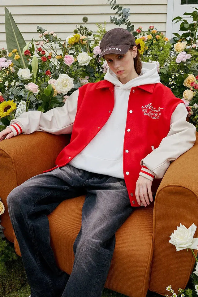 H&C Red Pearl Embroidered Varsity Jacket Harsh & Cruel